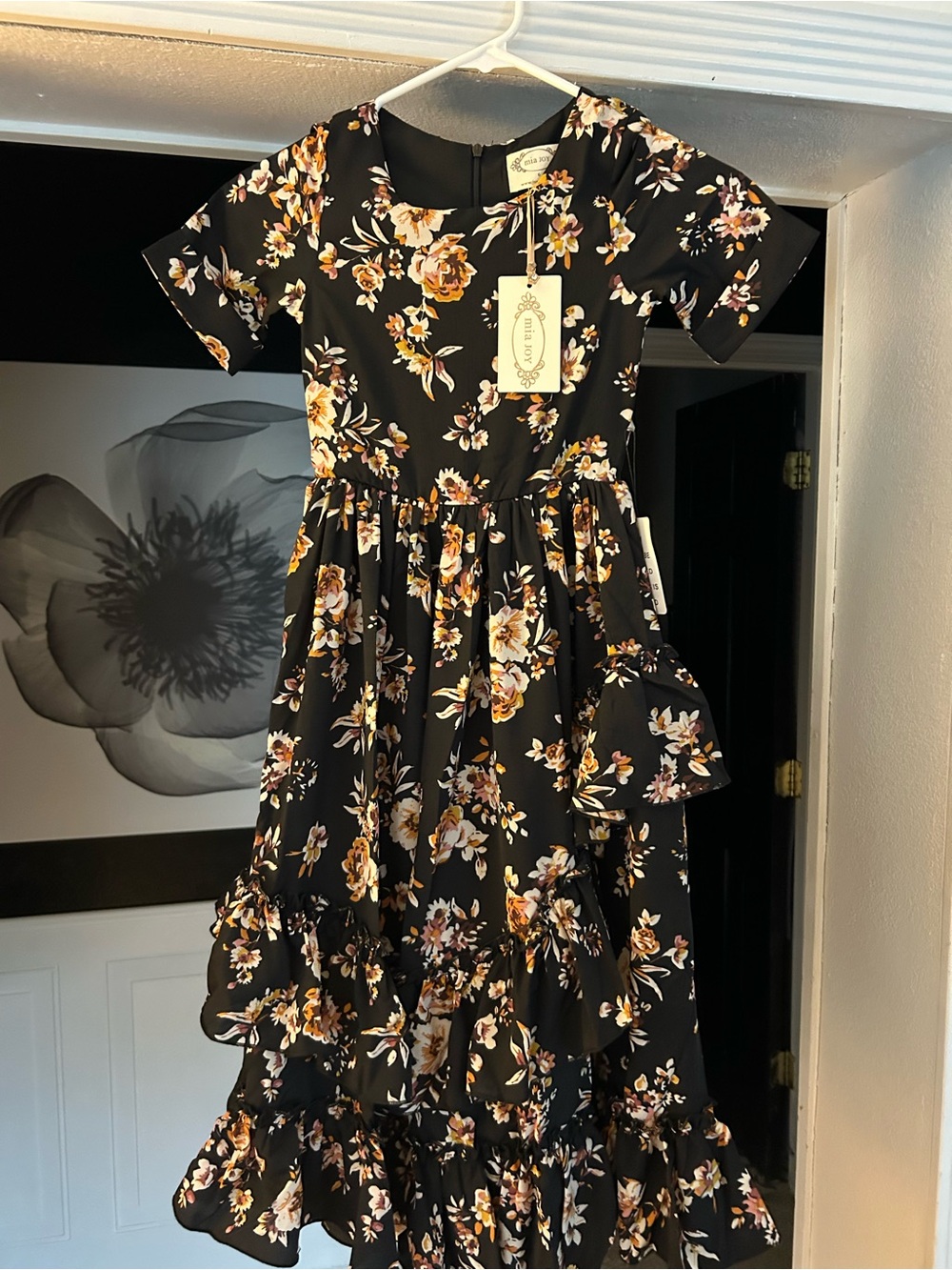 Mia Joy (Joyfolie) Girls Black Floral Tiered Dress with Short Sleeves
